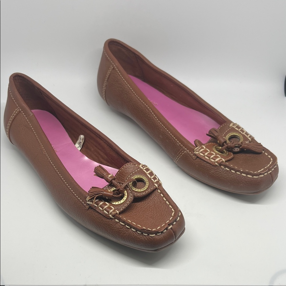 Isaac Mizrahi Brown Leather Loafers with Gold Details